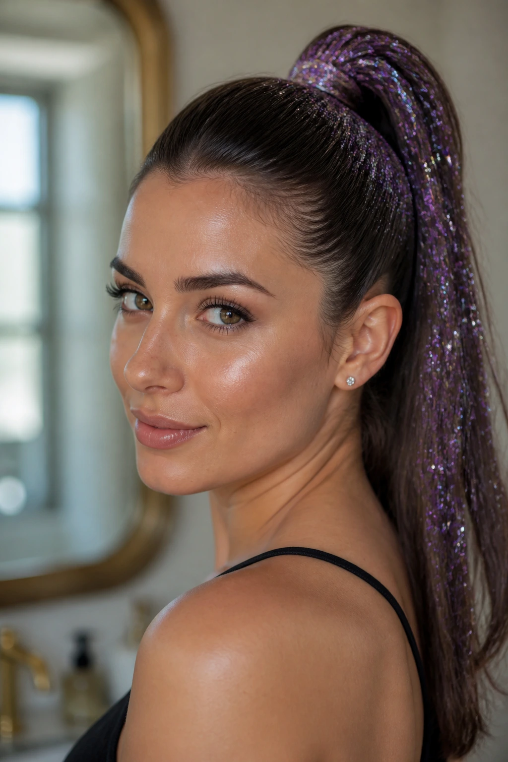 Close-up of a woman with a high-gloss glitter ponytail
