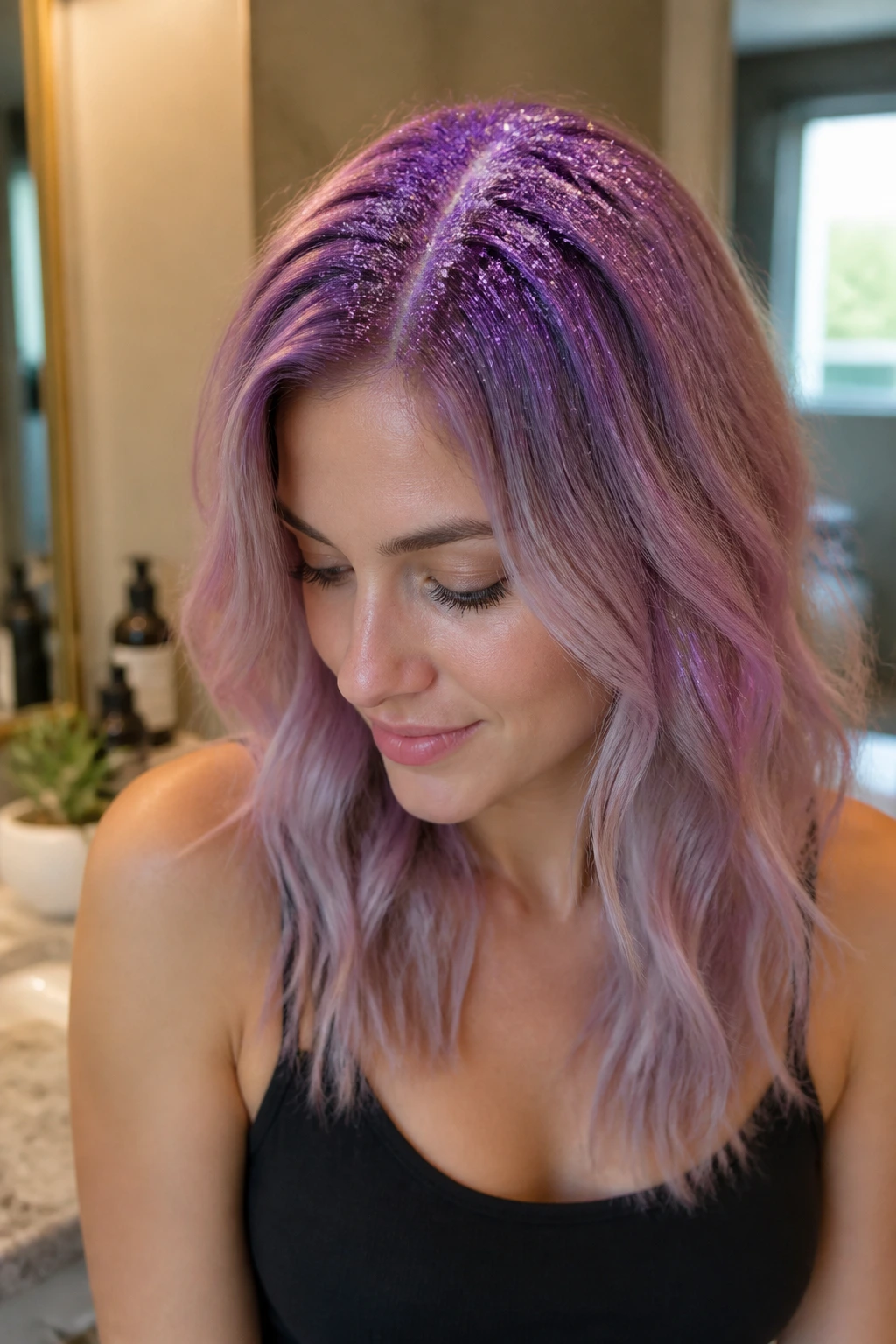 Close-up of a real woman with glitter-root fade at the roots in a warm-lit bathroom