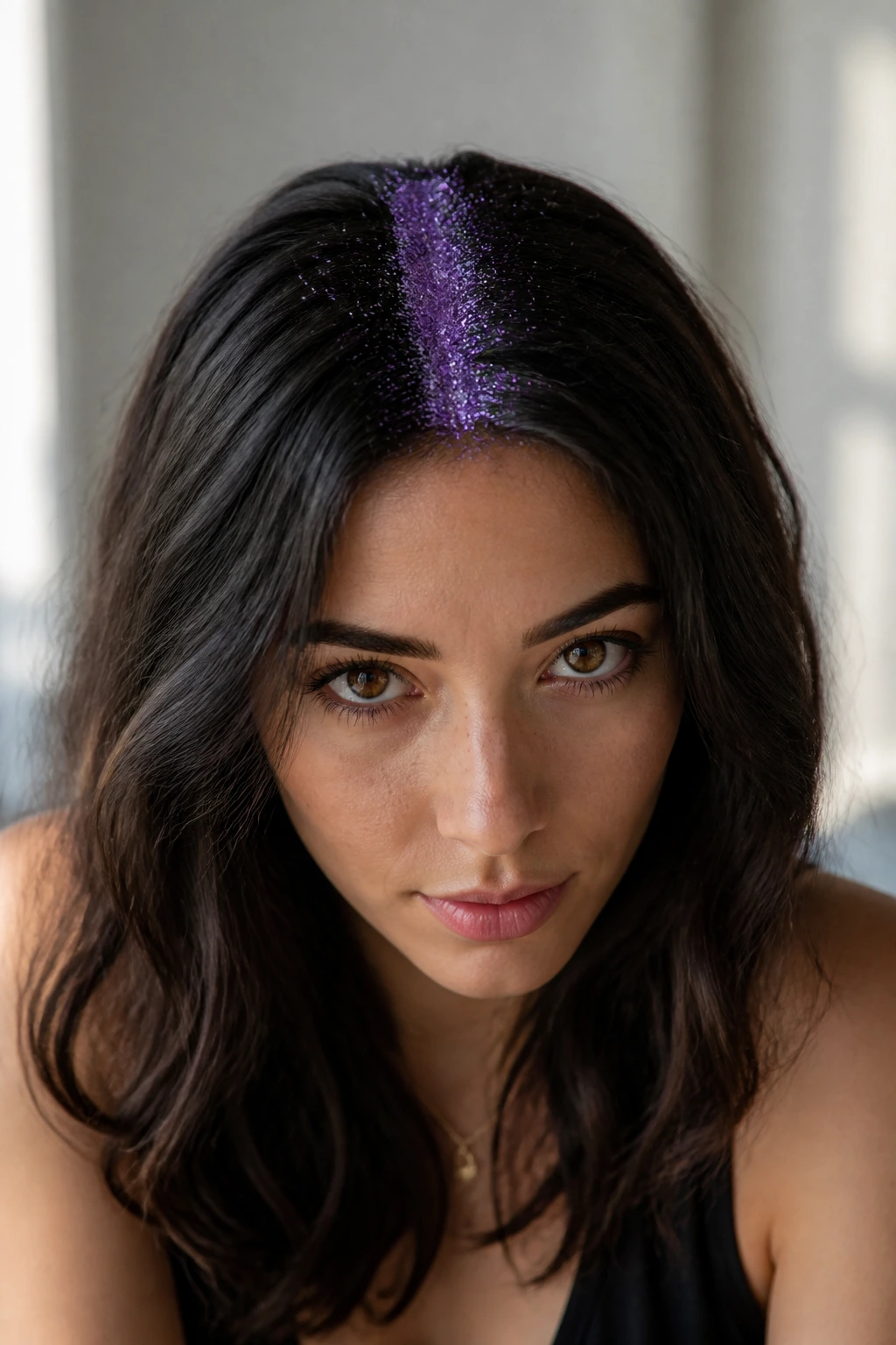 Front close-up of dark hair with a purple glitter root stripe from hairline to crown.