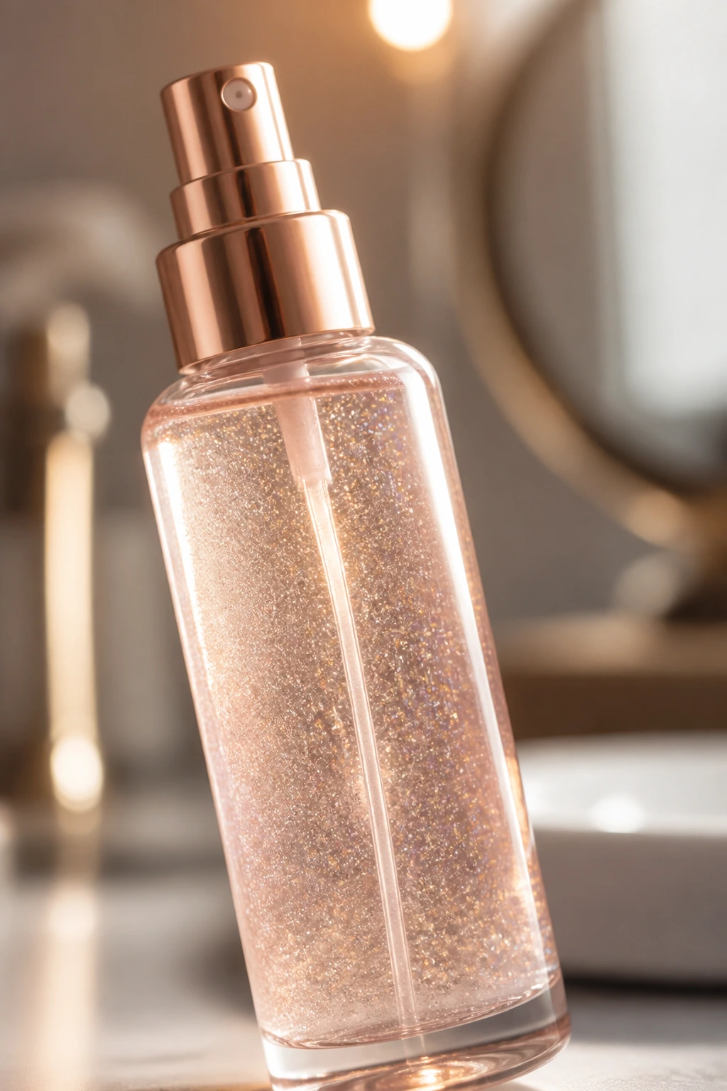 Close-up of glitter-infused hair spray bottle filling the frame