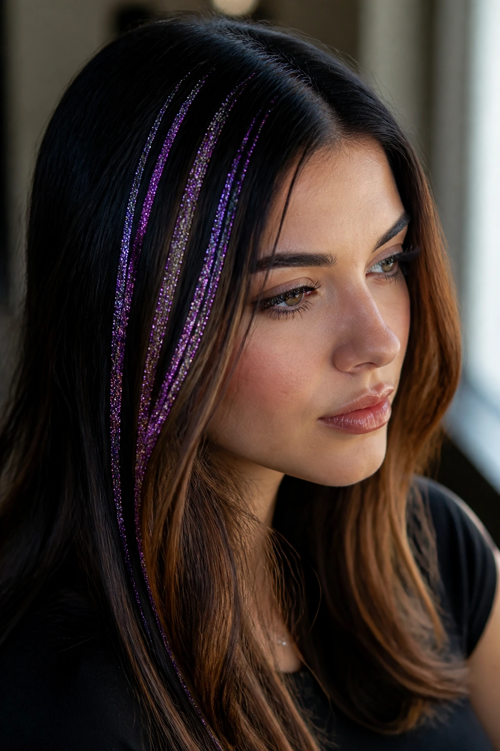 Close-up of a real woman's hair with glitter-coated strands as bold highlights