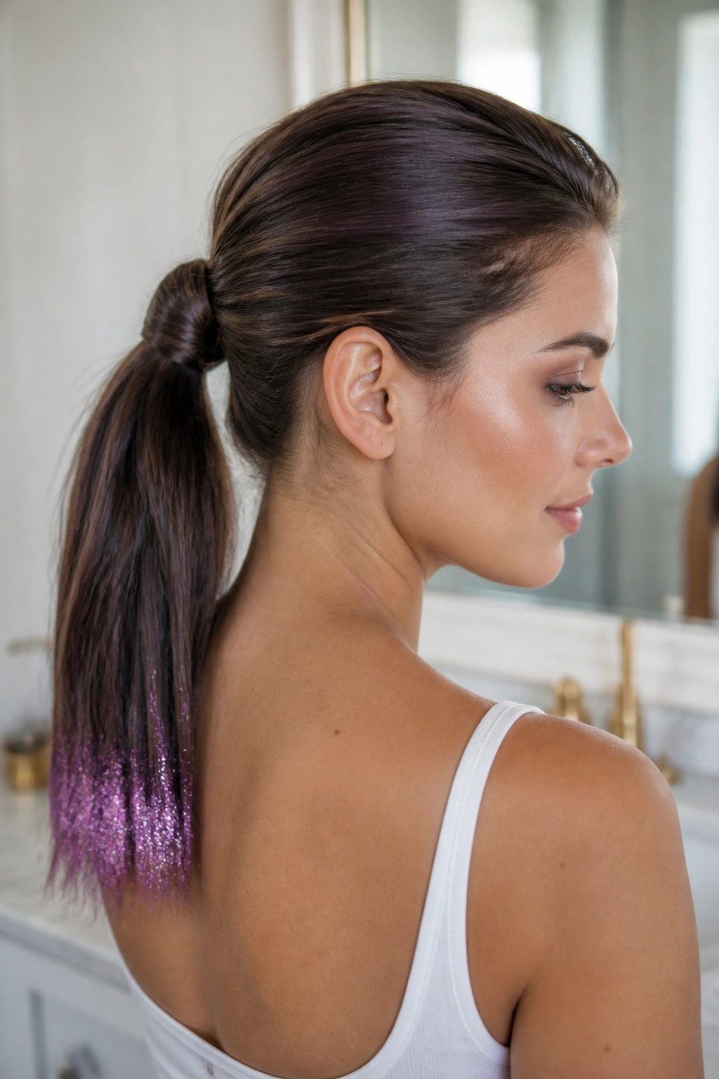 Close-up of a real woman showing glitter-dusted tassel ends on a wrap ponytail.