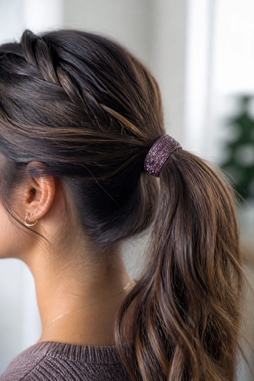 Side profile of a real woman with a glitter-wrapped strand around a hair elastic.