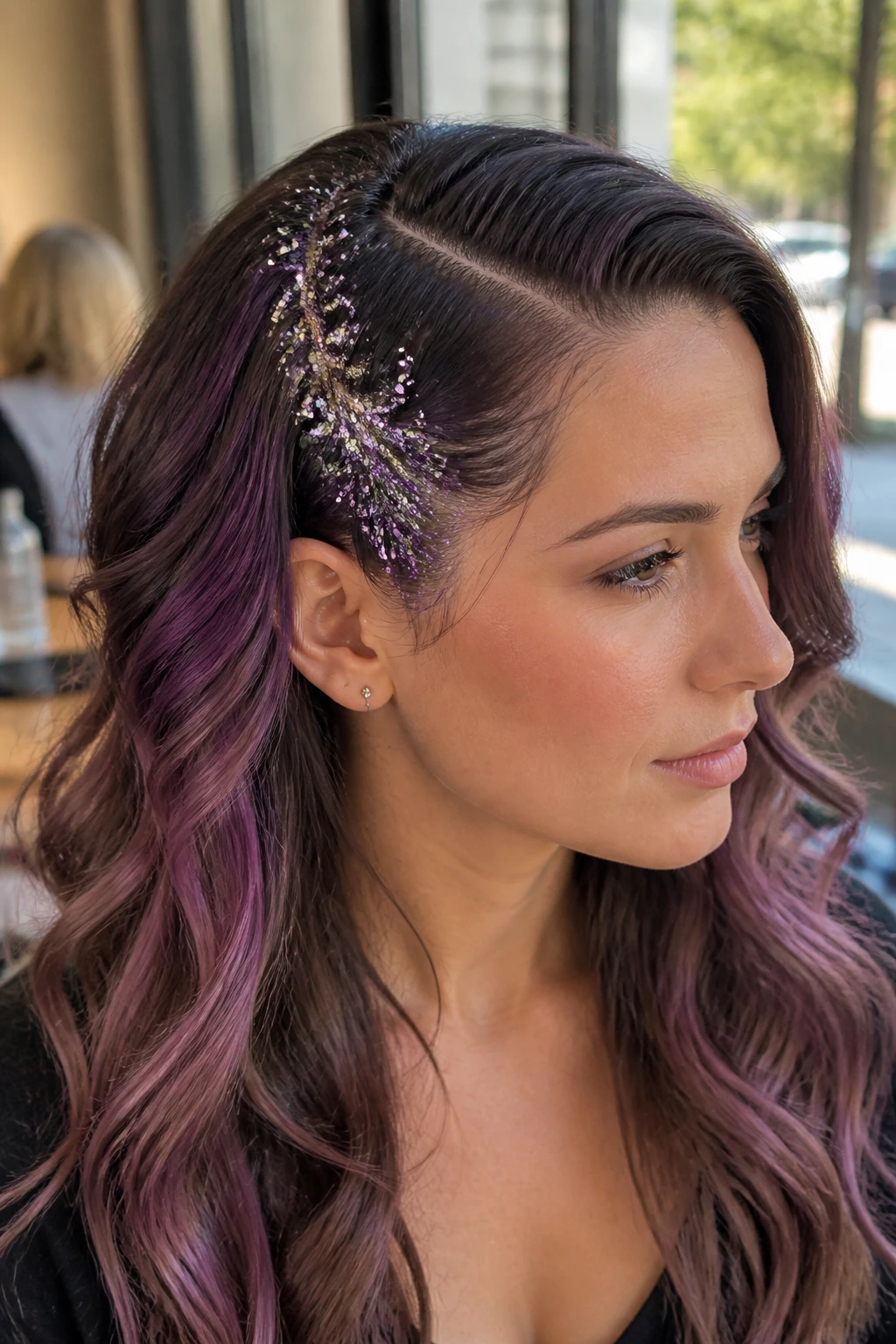Profile of a real woman with a glittered side-part waterfall path along the hair