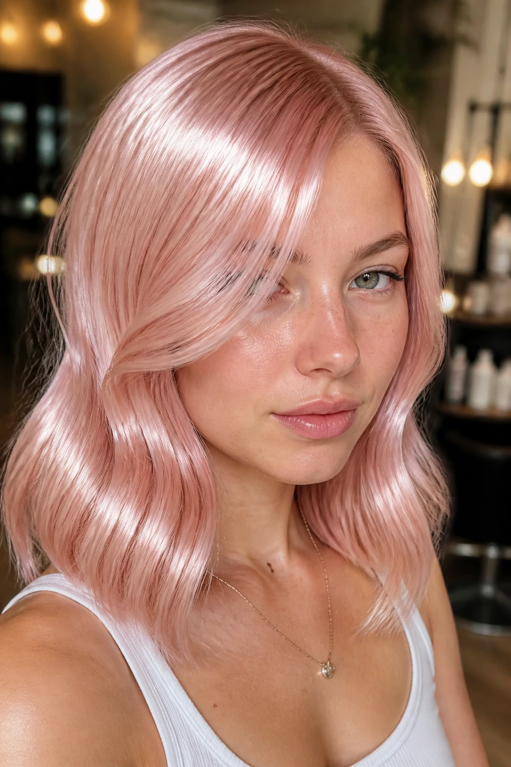Portrait of a woman with glossy pale pink hair reflecting light