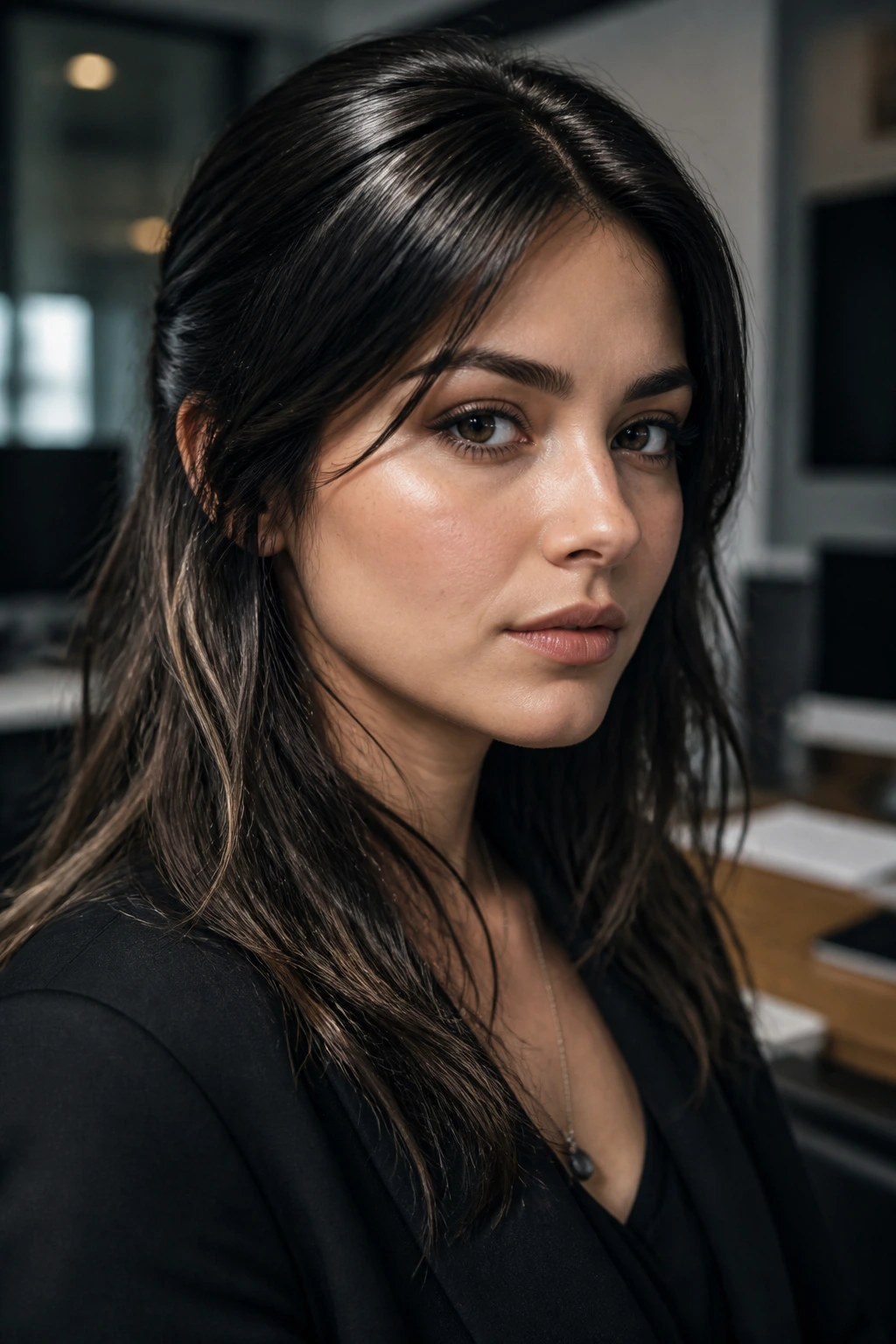 Portrait of a real woman showing glossy top and matte lower hair in an office setting