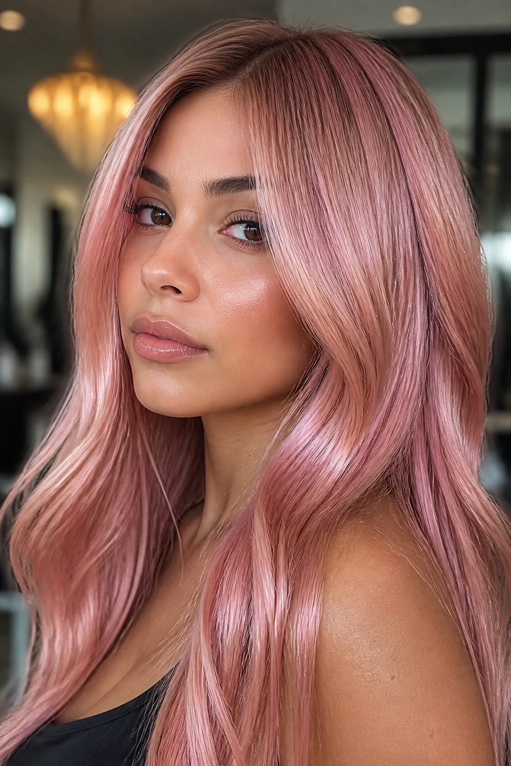 Close-up of a real woman with glossy pink hair and glass-like shine