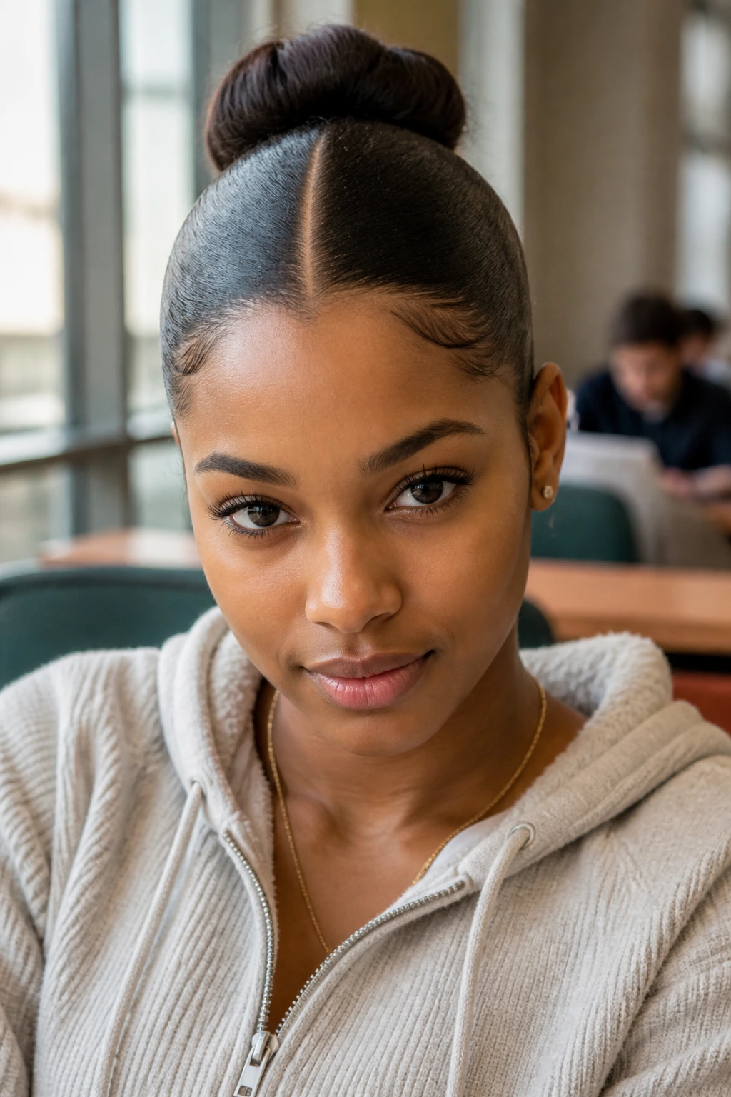 Close-up portrait of a real person with a sleek bun and middle part in a quiet study lounge