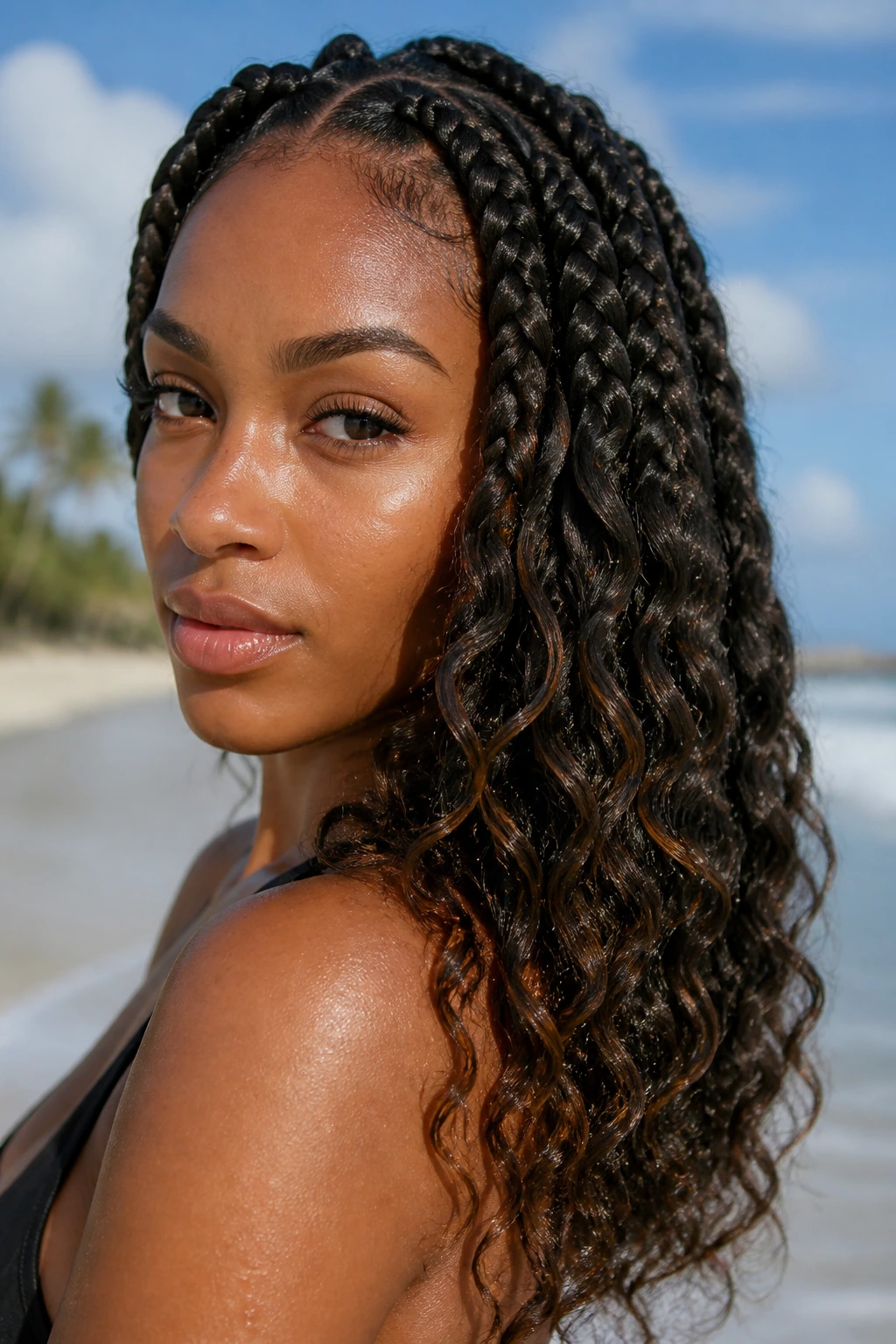 Goddess braids with beach waves on a real woman, voluminous curls at the ends