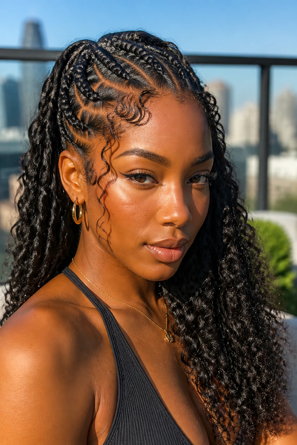 Real woman with goddess cornrows and curly ends in sunlit outdoor setting