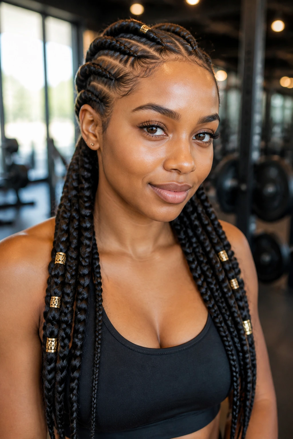 Close-up of goddess braids with small jewel cuffs on a real person during exercise