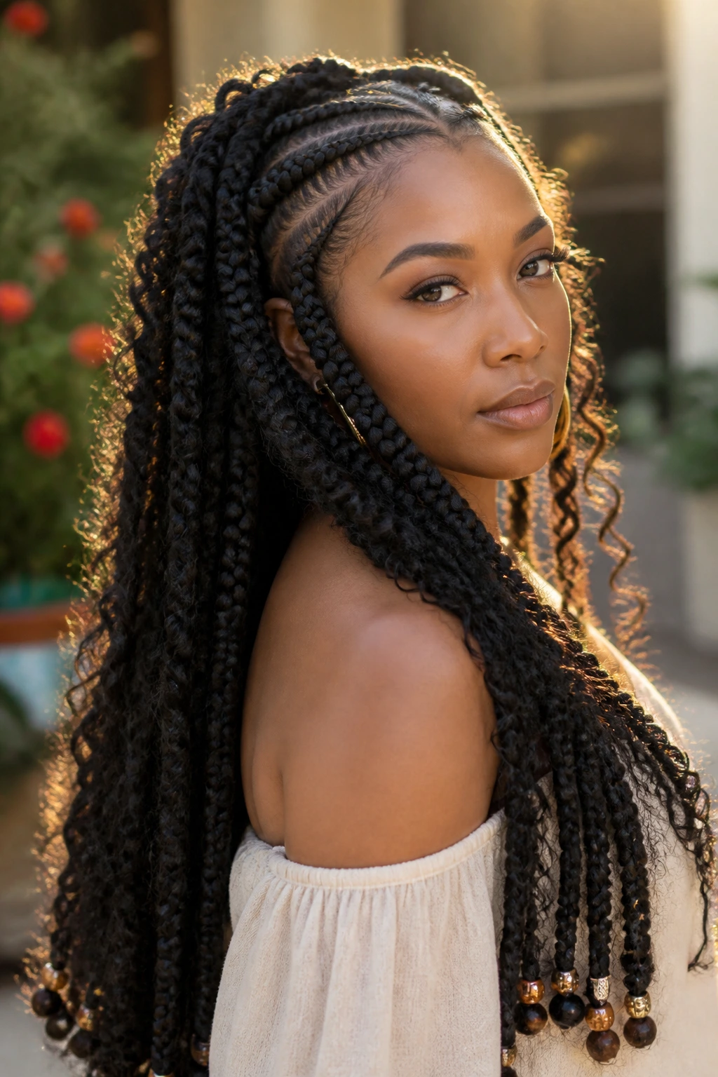 Woman wearing goddess braids with loose curls outdoors