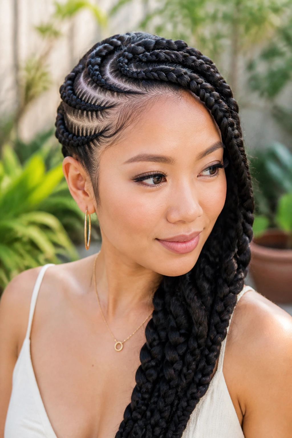 Close-up of a real person with side-swept goddess braids outdoors