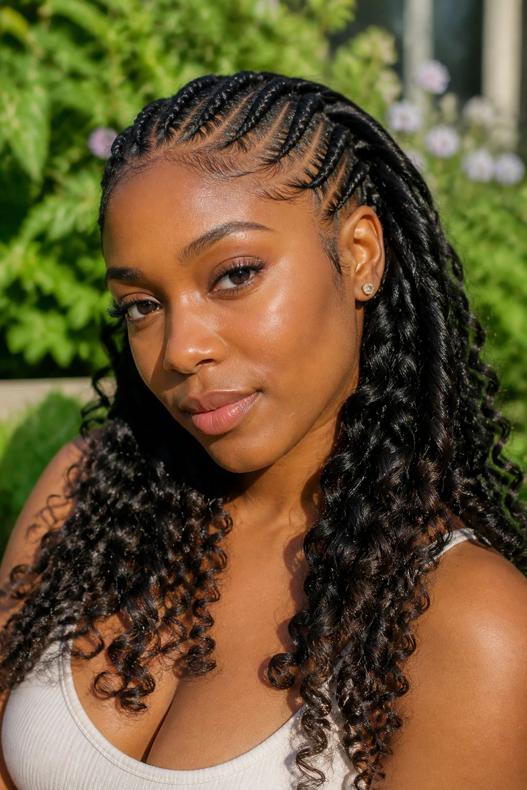 Close-up portrait of a real person with goddess cornrows and curly ends.