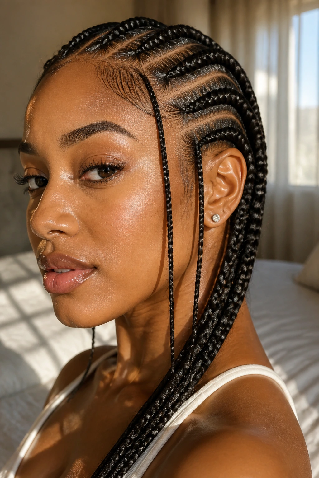 Close-up portrait of a real person with thick and slim goddess braids behind the ear