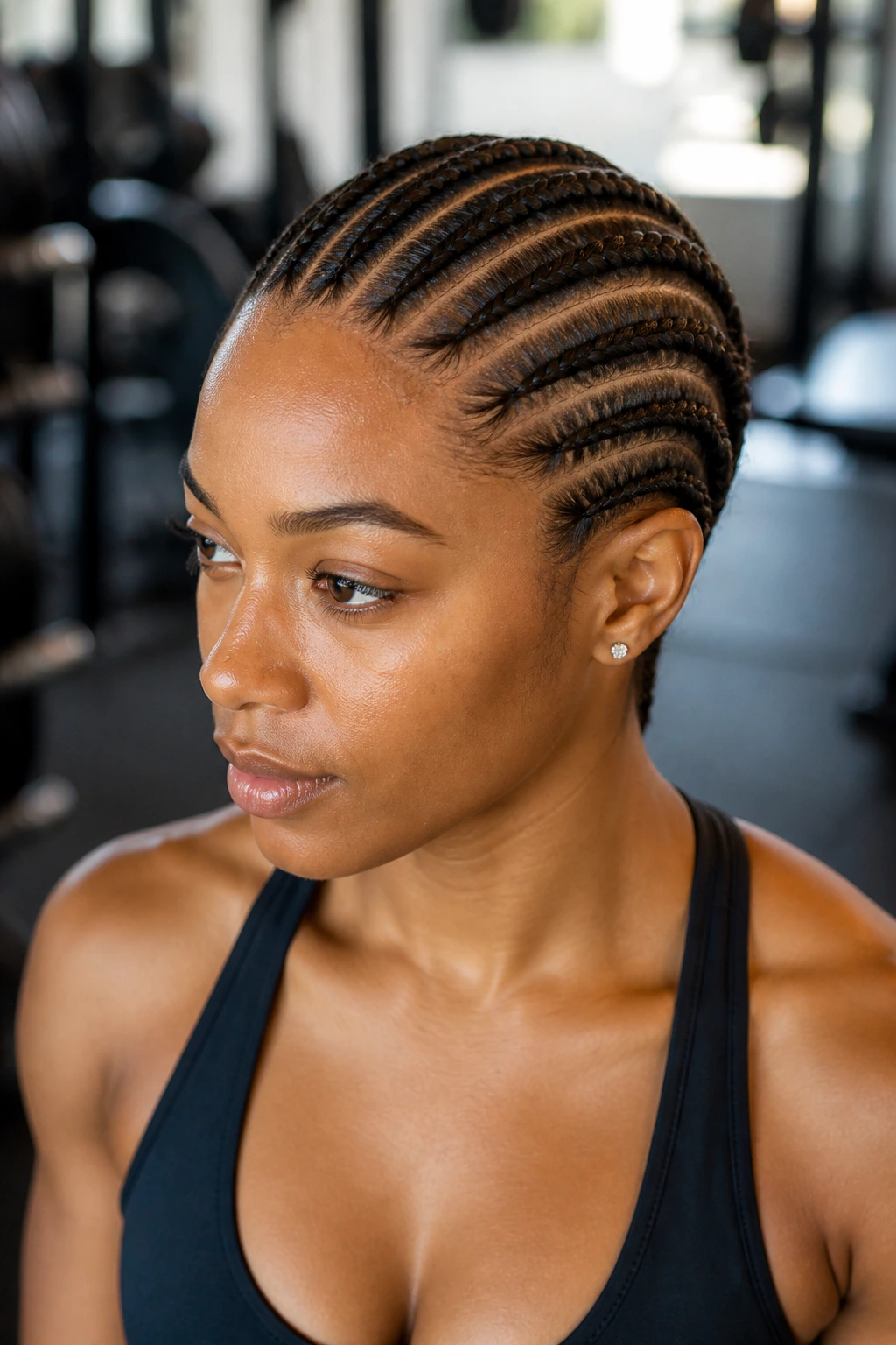 Close-up portrait of a real woman with straight-back feed-in cornrows along the scalp