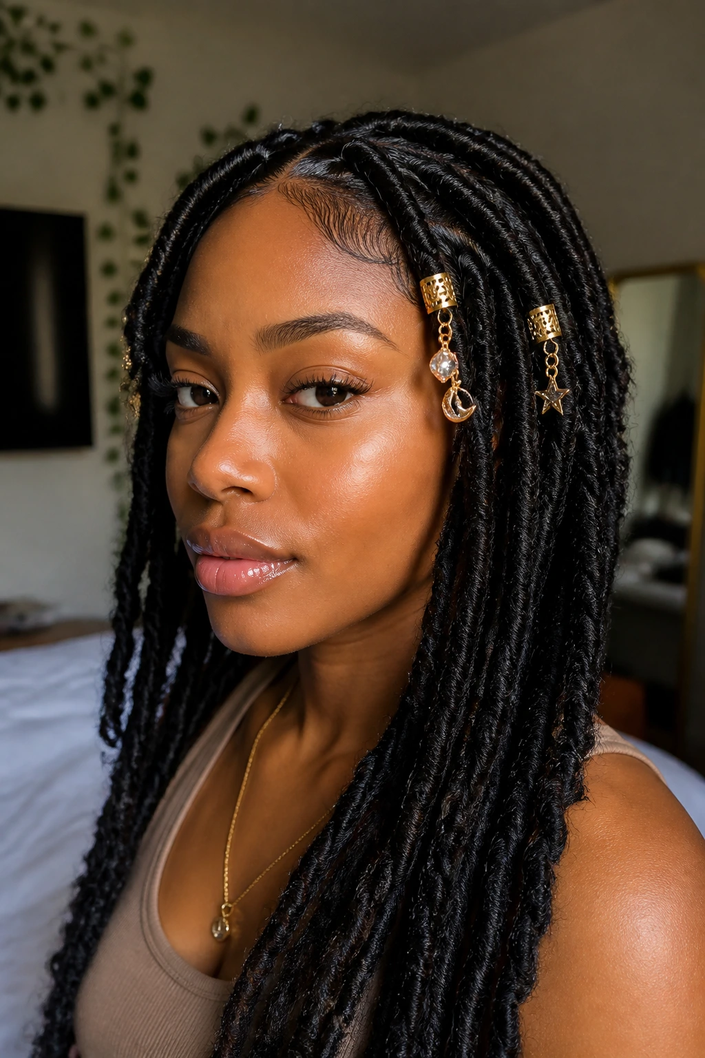 Close-up of a real woman wearing Goddess Loc Cuffs with Charms on braids.