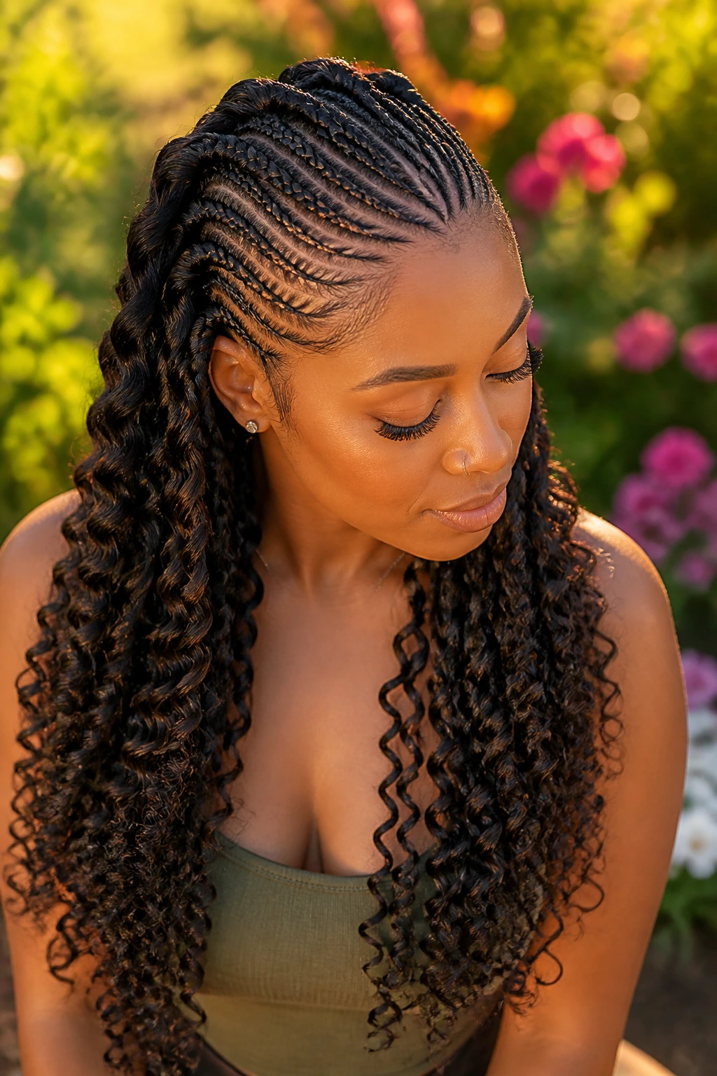 Real person with goddess micro cornrows and curled ends