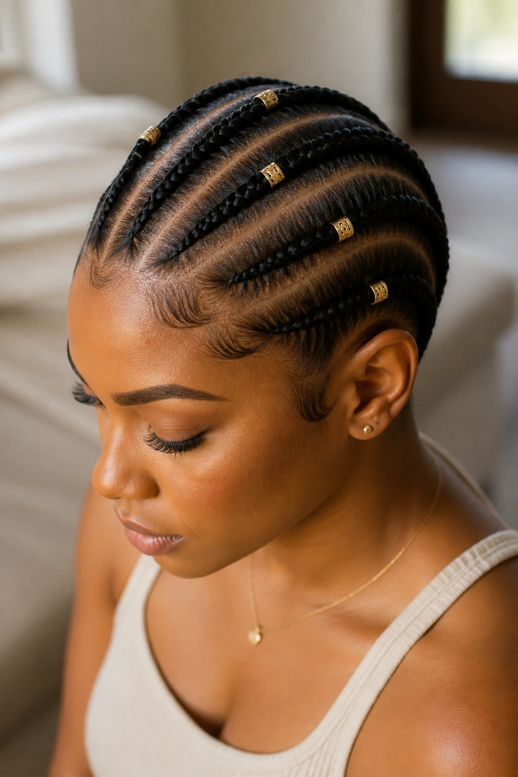 Close-up of four straight-back cornrows with gold cuffs
