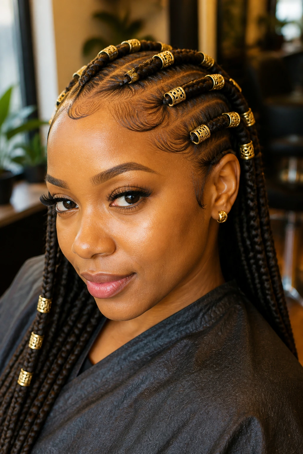 Close-up of gold hair cuffs on braids at the hairline of a real woman