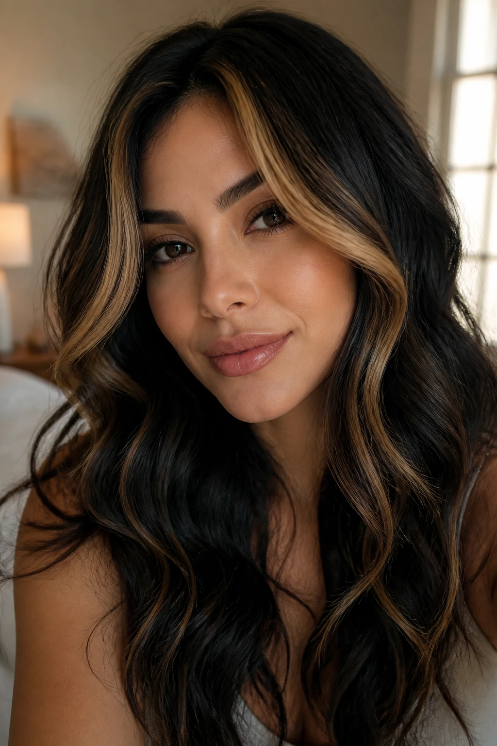 Close-up of real woman with gold face-framing layers on black wavy hair in a softly lit bedroom
