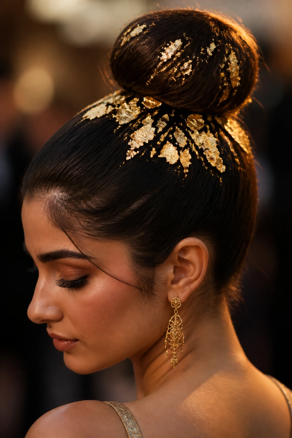 Close-up of a real person with a gold leaf-adorned high bun in thick hair