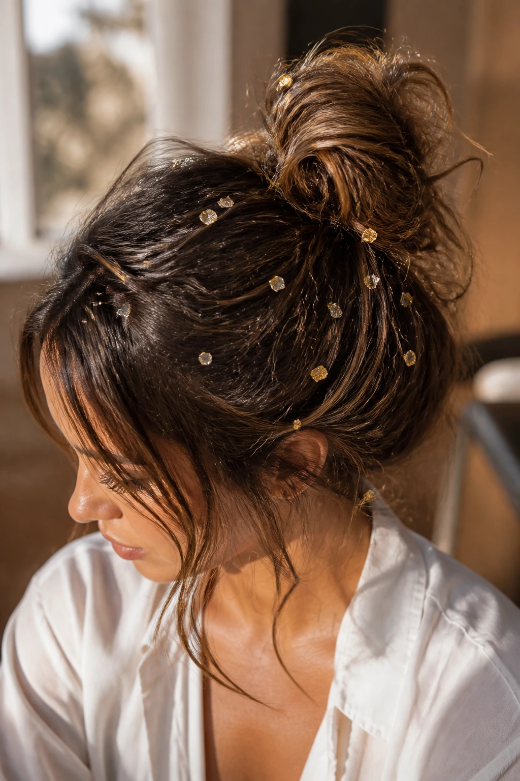 Messy bun with scattered gold leaf flecks throughout the hair