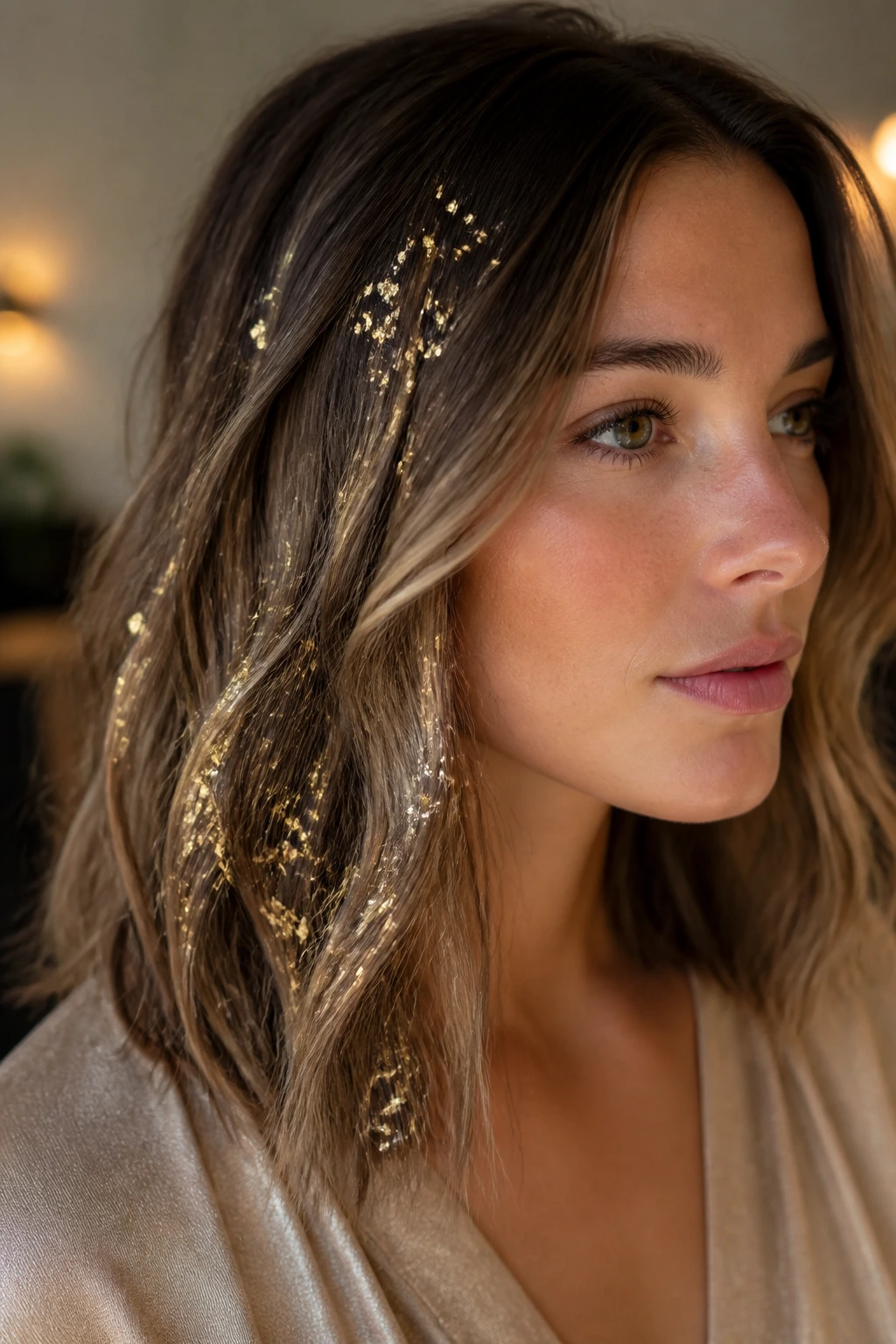 Shoulder-length hair with subtle gold leaf flecks in a melted effect