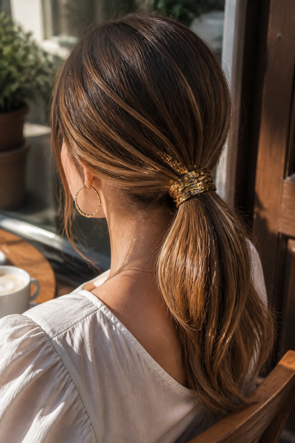 Rear close-up of a real woman with gold leaf at the base of a low ponytail