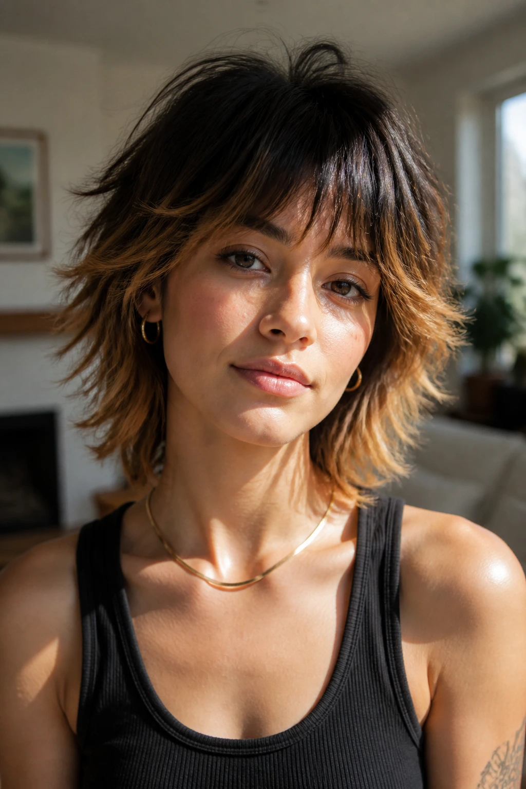Real person with gold-infused shag cut and gold end highlights
