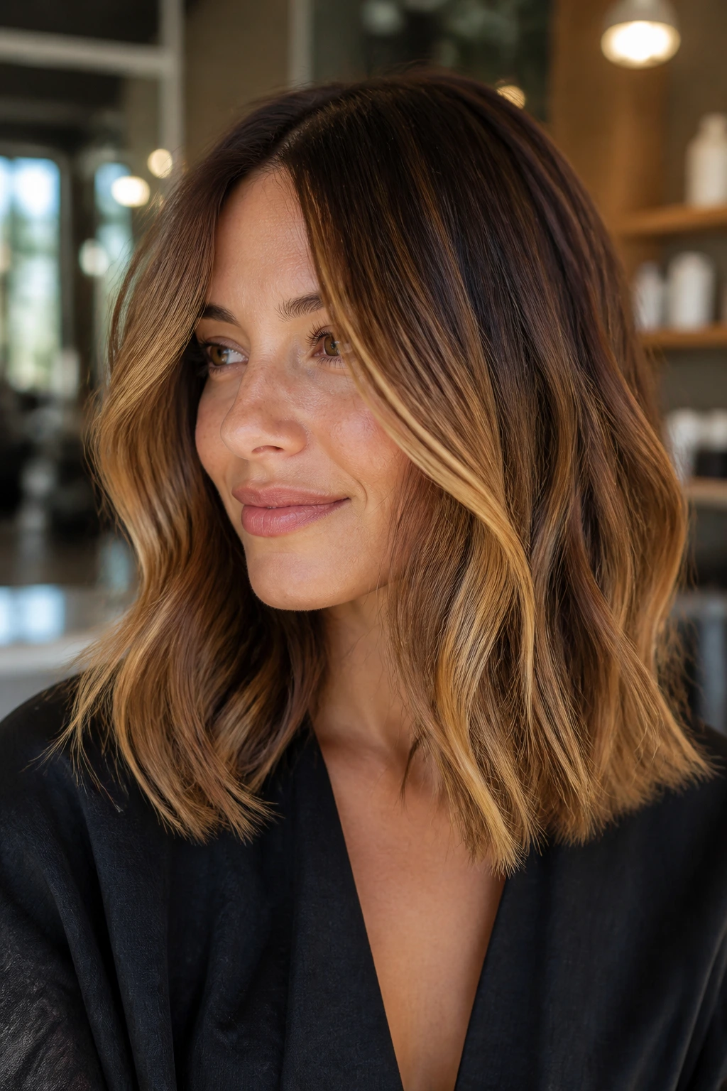 Close-up of chestnut hair with golden balayage on a real woman in sunlit salon