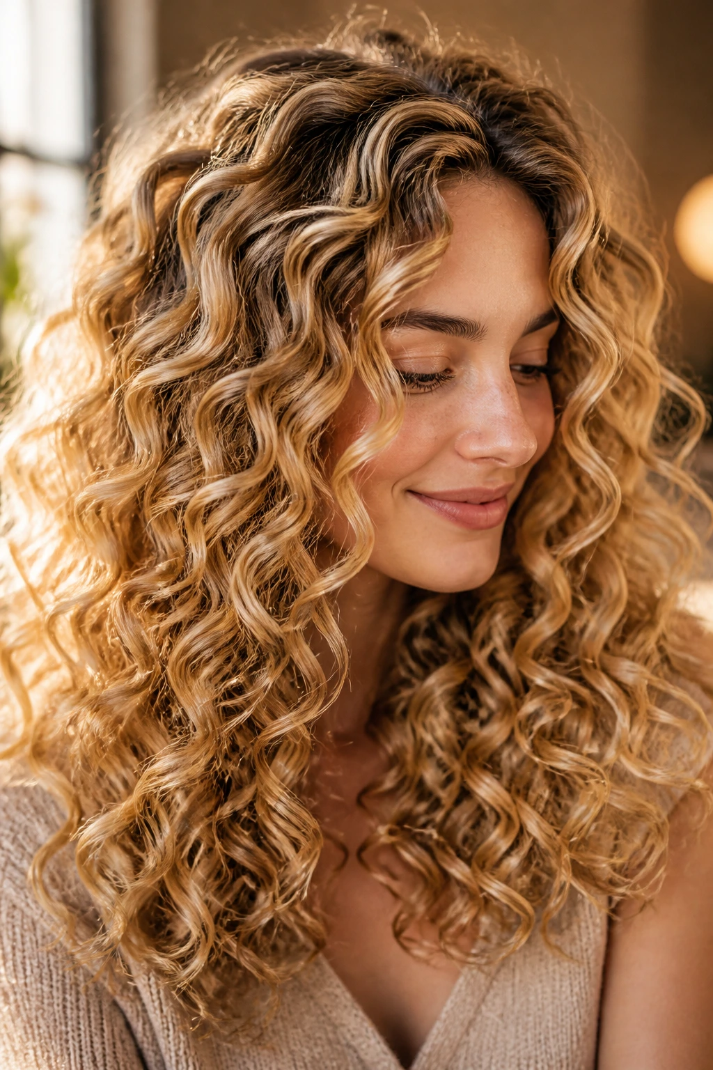 Curly hair in golden blonde with lowlights close-up