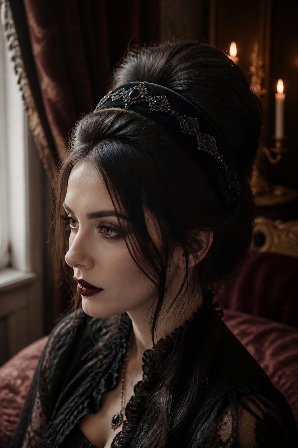 Close-up portrait of a real woman wearing a velvet ornate headband to create a bouffant.