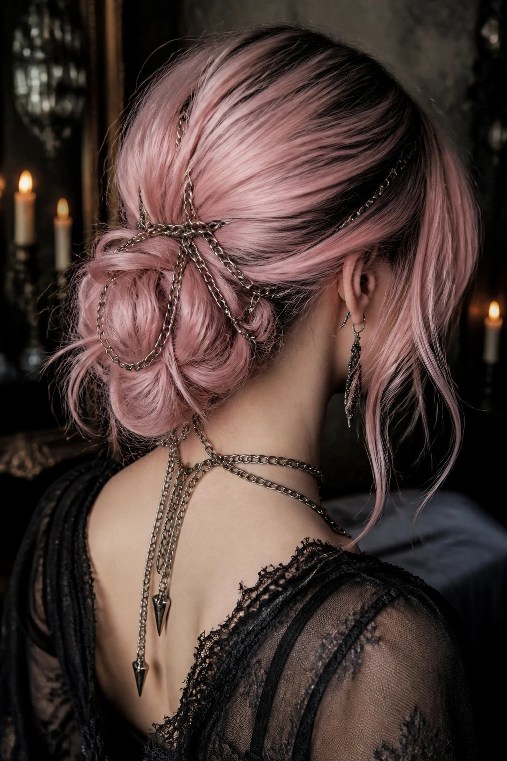 Rear three-quarter view of a real woman wearing a low chignon with a silver chain woven through
