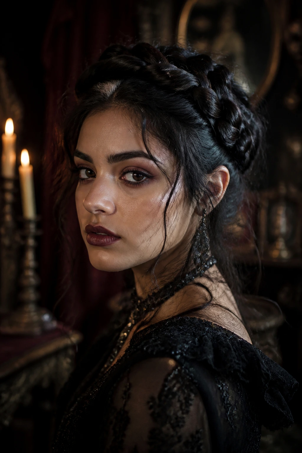 Latina woman with braided coronets and fallen tendrils in moody Gothic setting