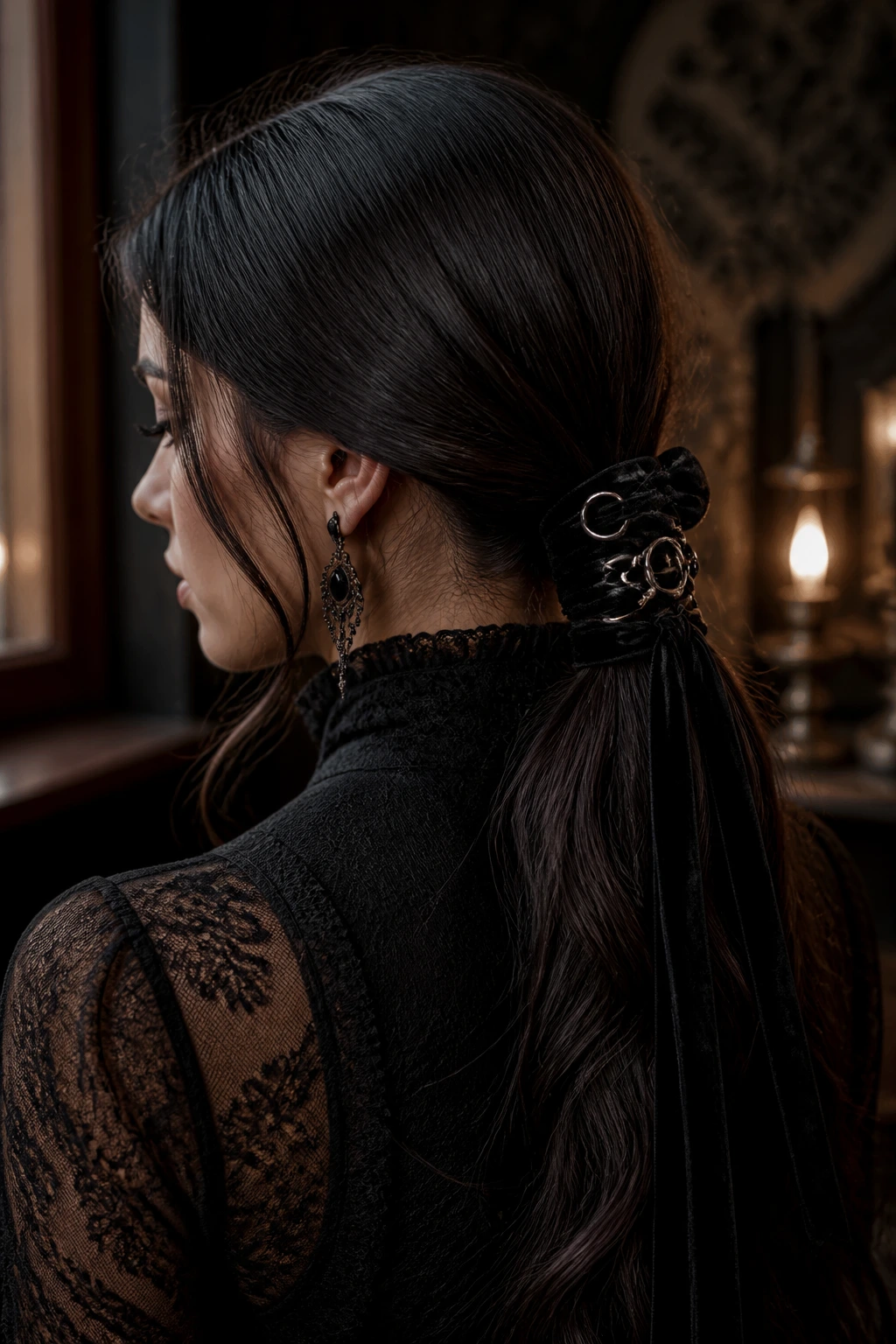 Close-up of real woman with gothic low ponytail and velvet ribbon