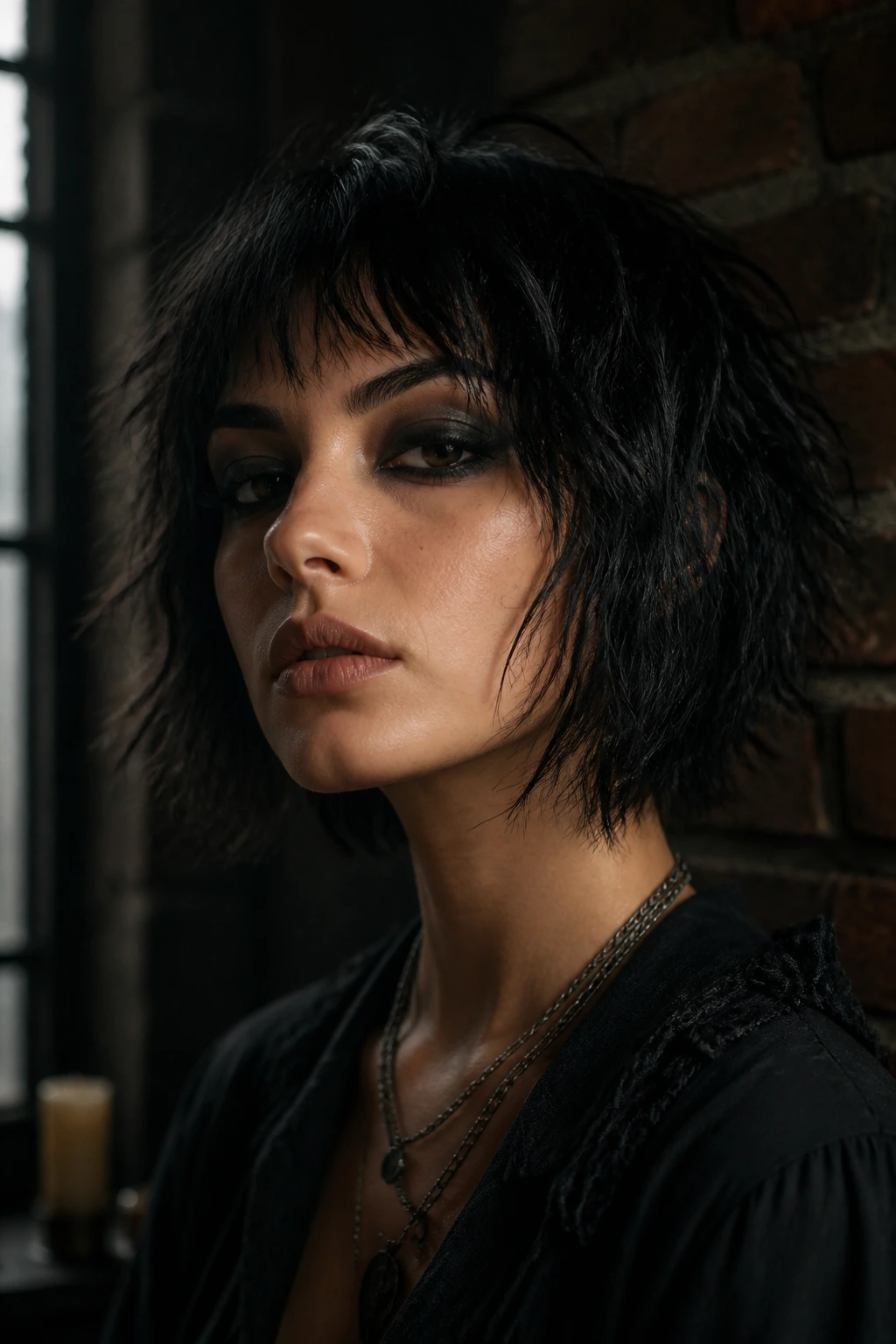 Close-up portrait of a real woman with a Gothic shaggy bob and bold makeup against a brick-walled room