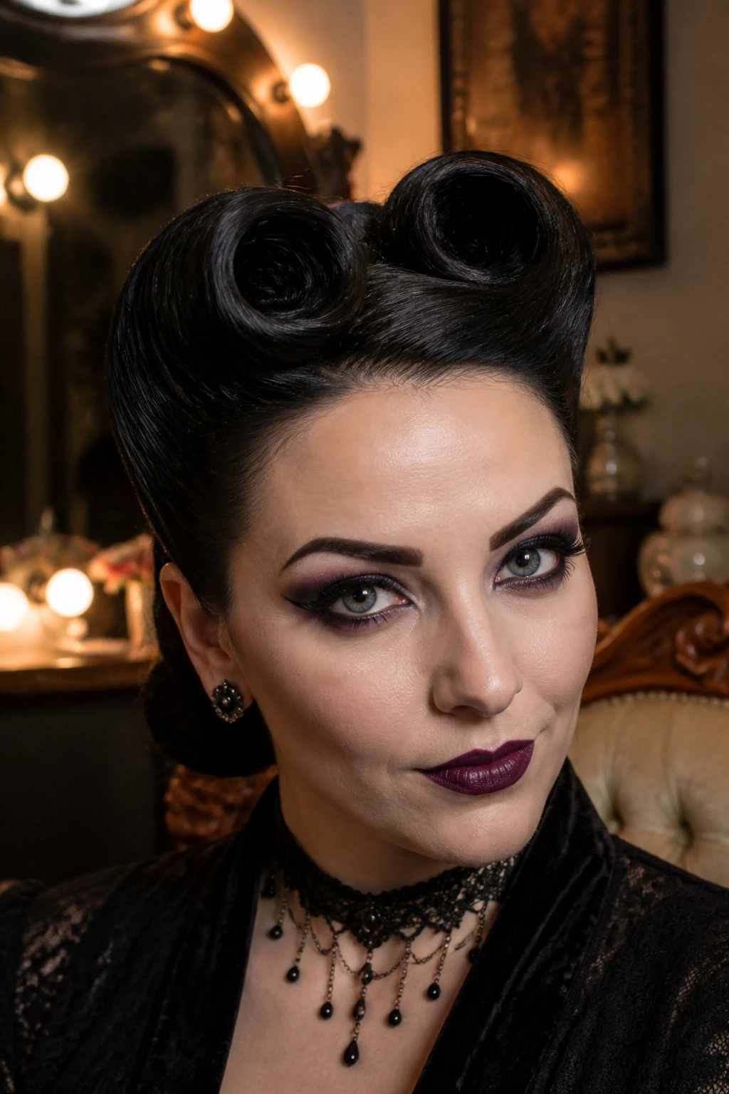 Real woman with gothic victory rolls framed in retro dressing room lighting.