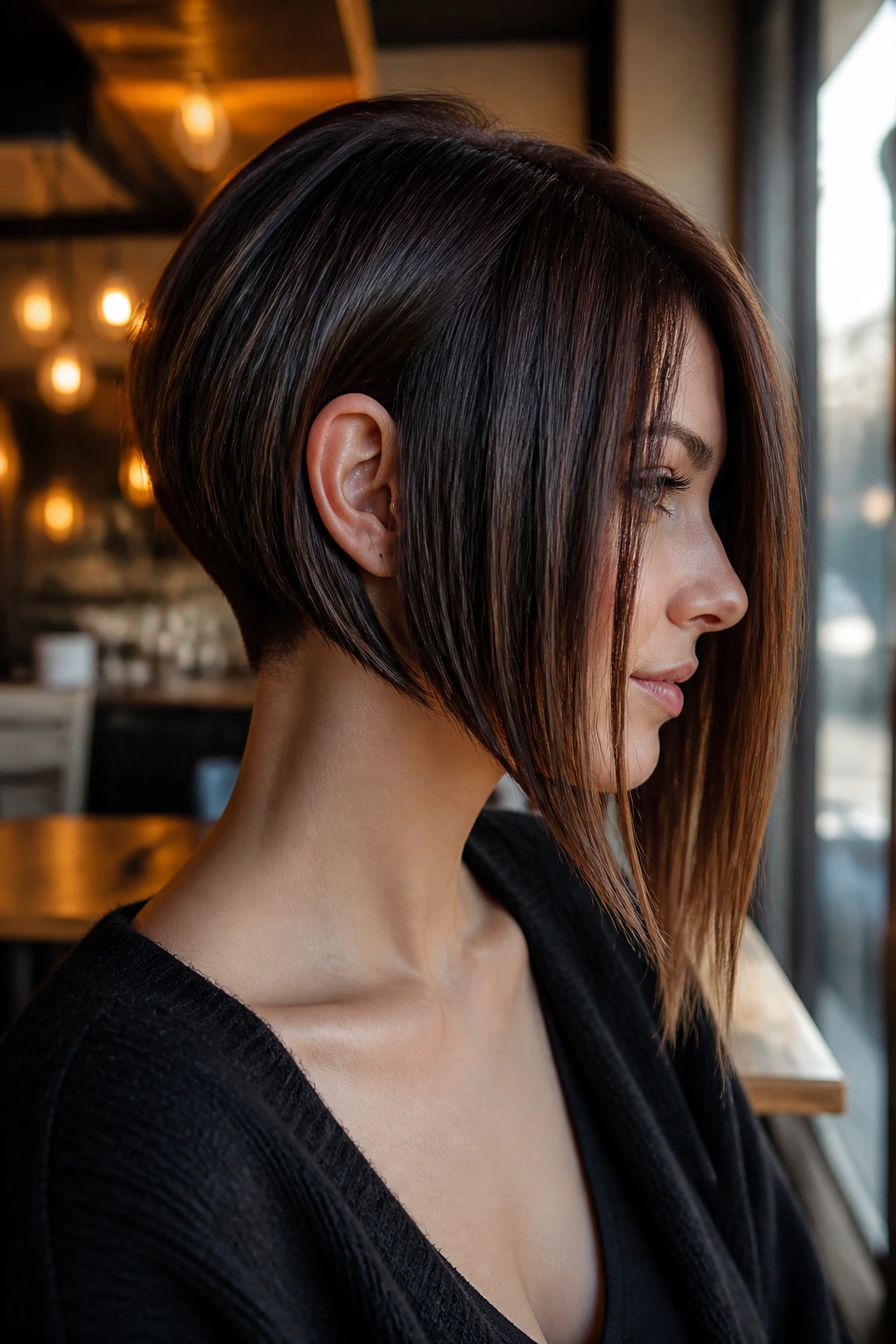 Close-up of a real woman with a graduated A-line cut showing undercut at the nape
