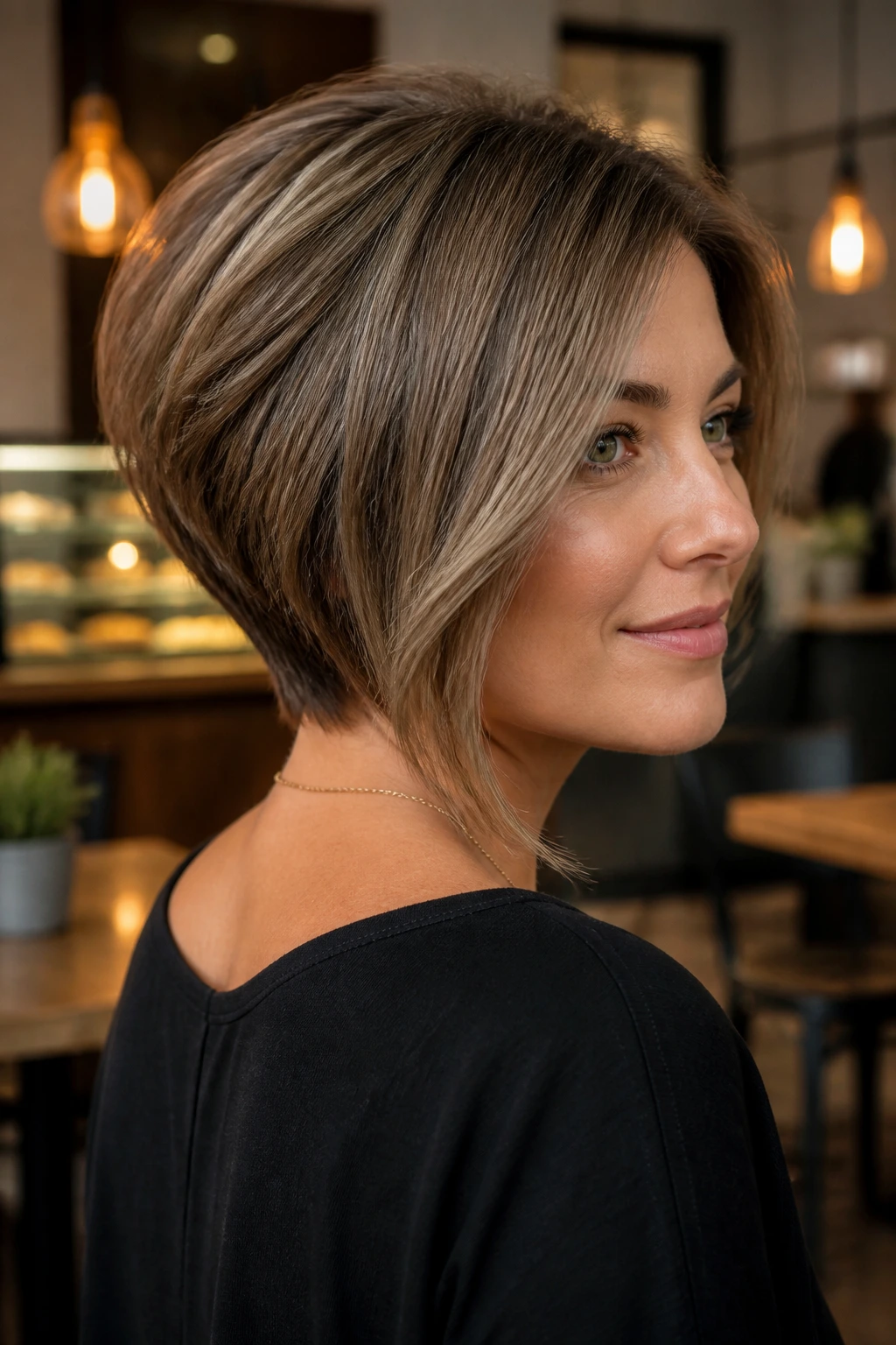 Close-up portrait of a real woman with a graduated bob showing back stacking and longer front