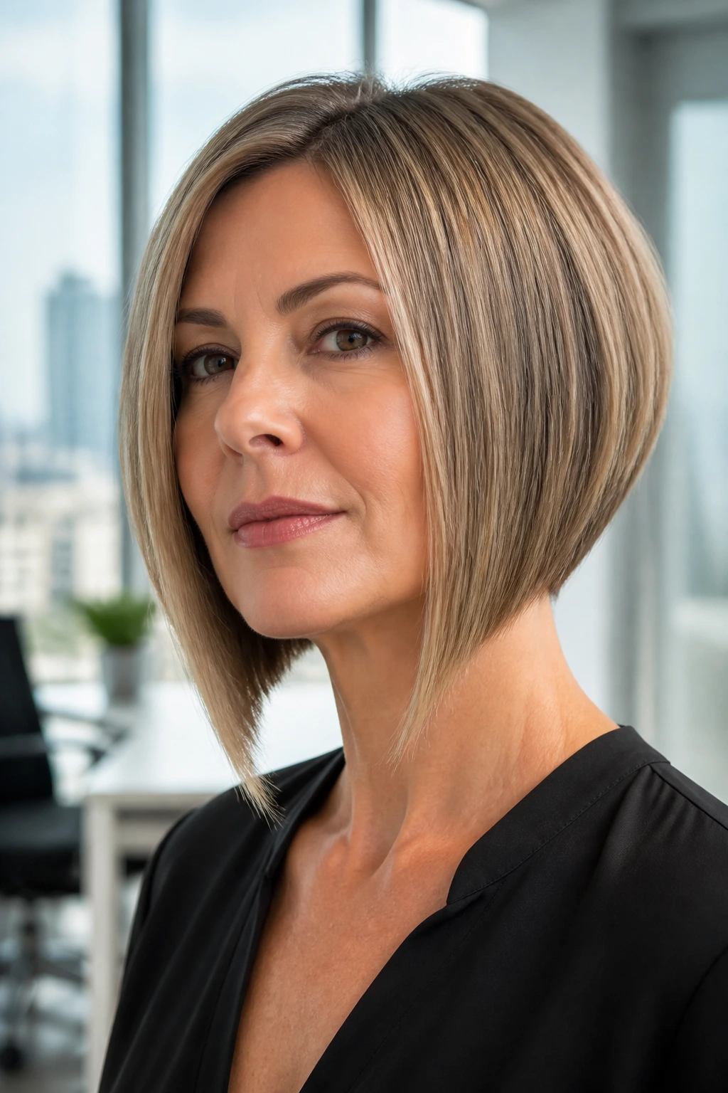 Close-up portrait of a real woman with a sharp graduated bob highlighting stacked back and long front.