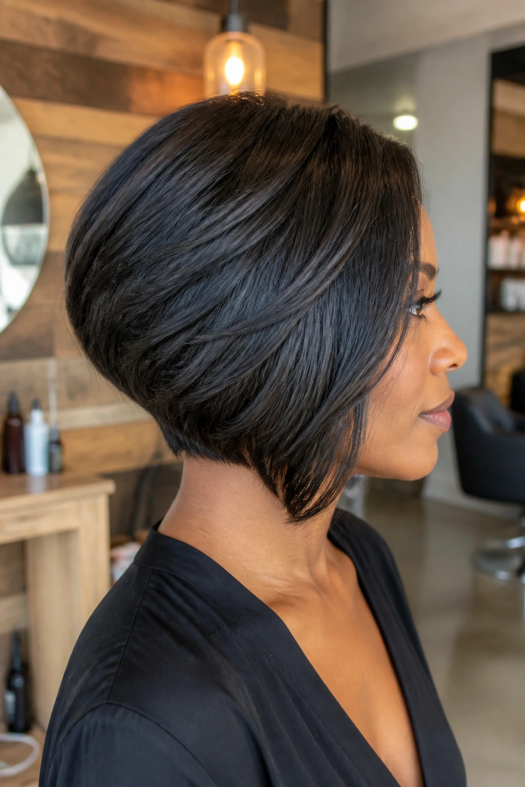 Close-up of a real woman with a deeply layered graduated bob showing stacked nape and sleek front in a warm salon.