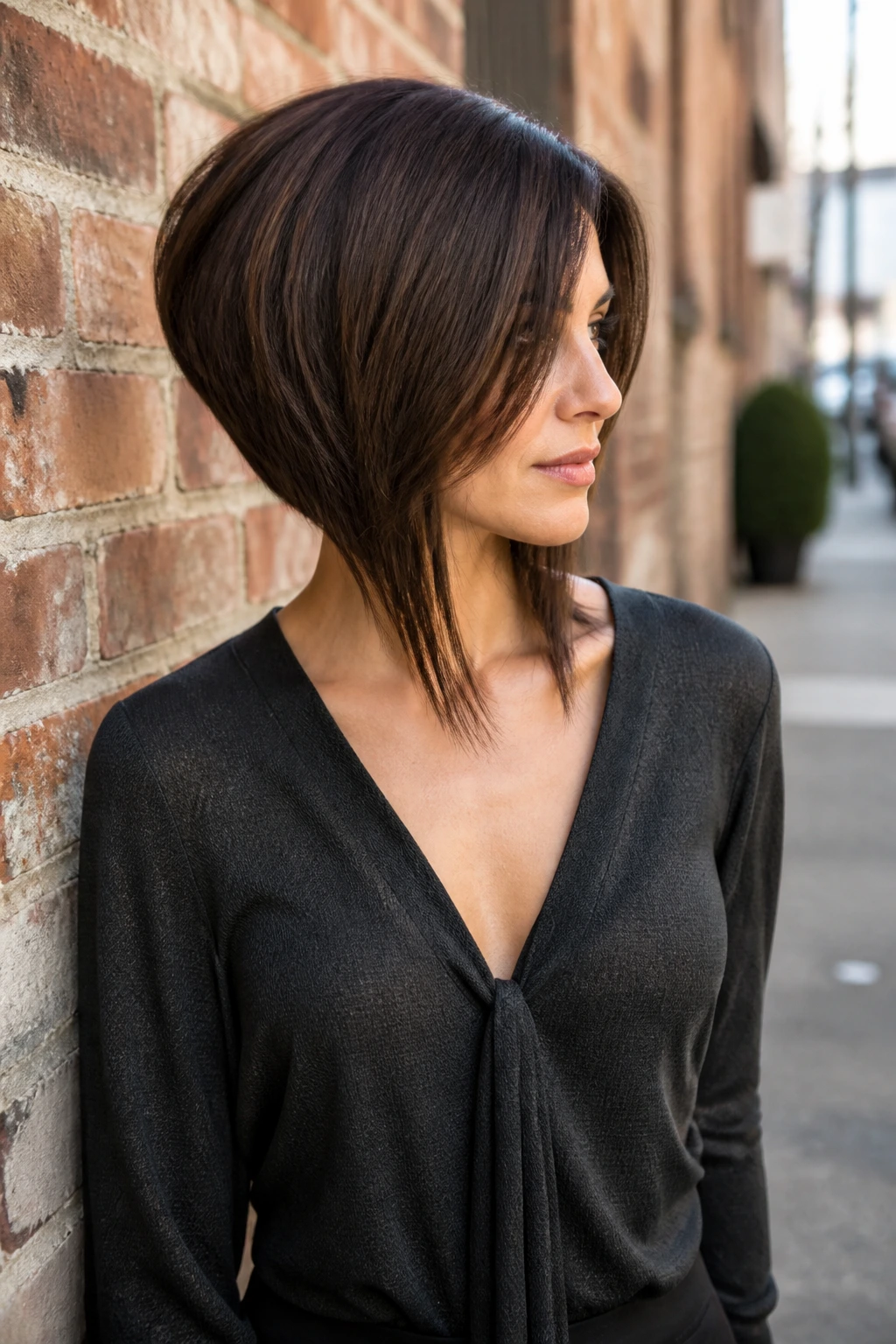 Portrait of a real woman wearing a graduated bob with long sides.