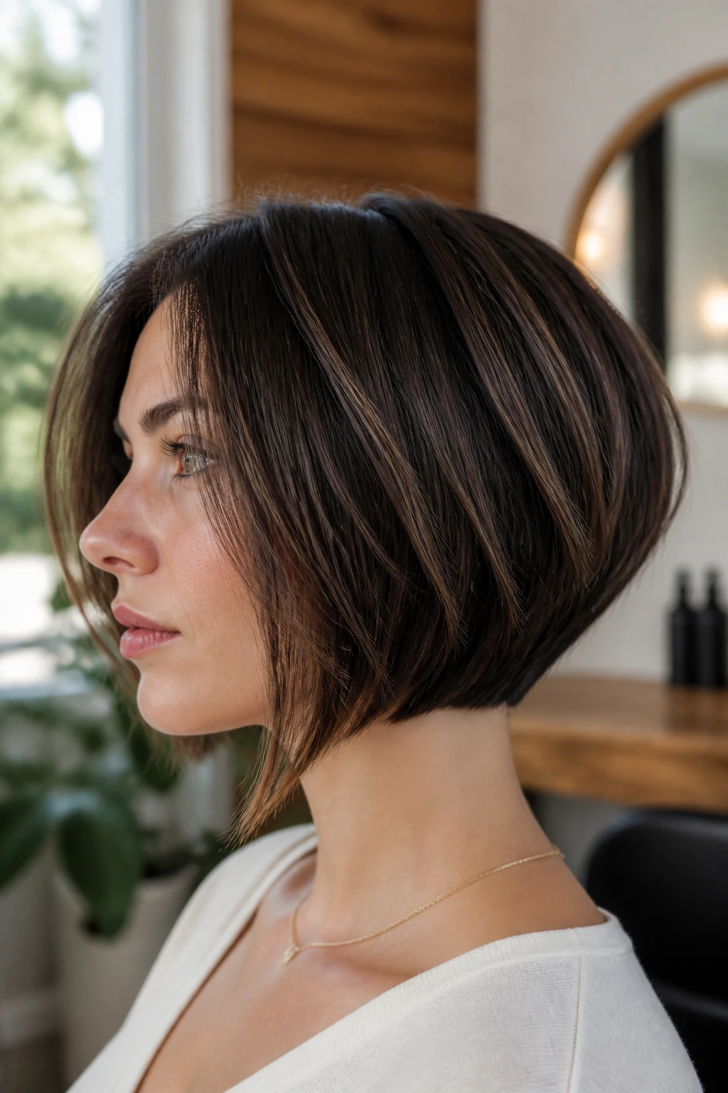 Close-up portrait of a real woman with a classic graduated bob showing stacked nape and layered crown.