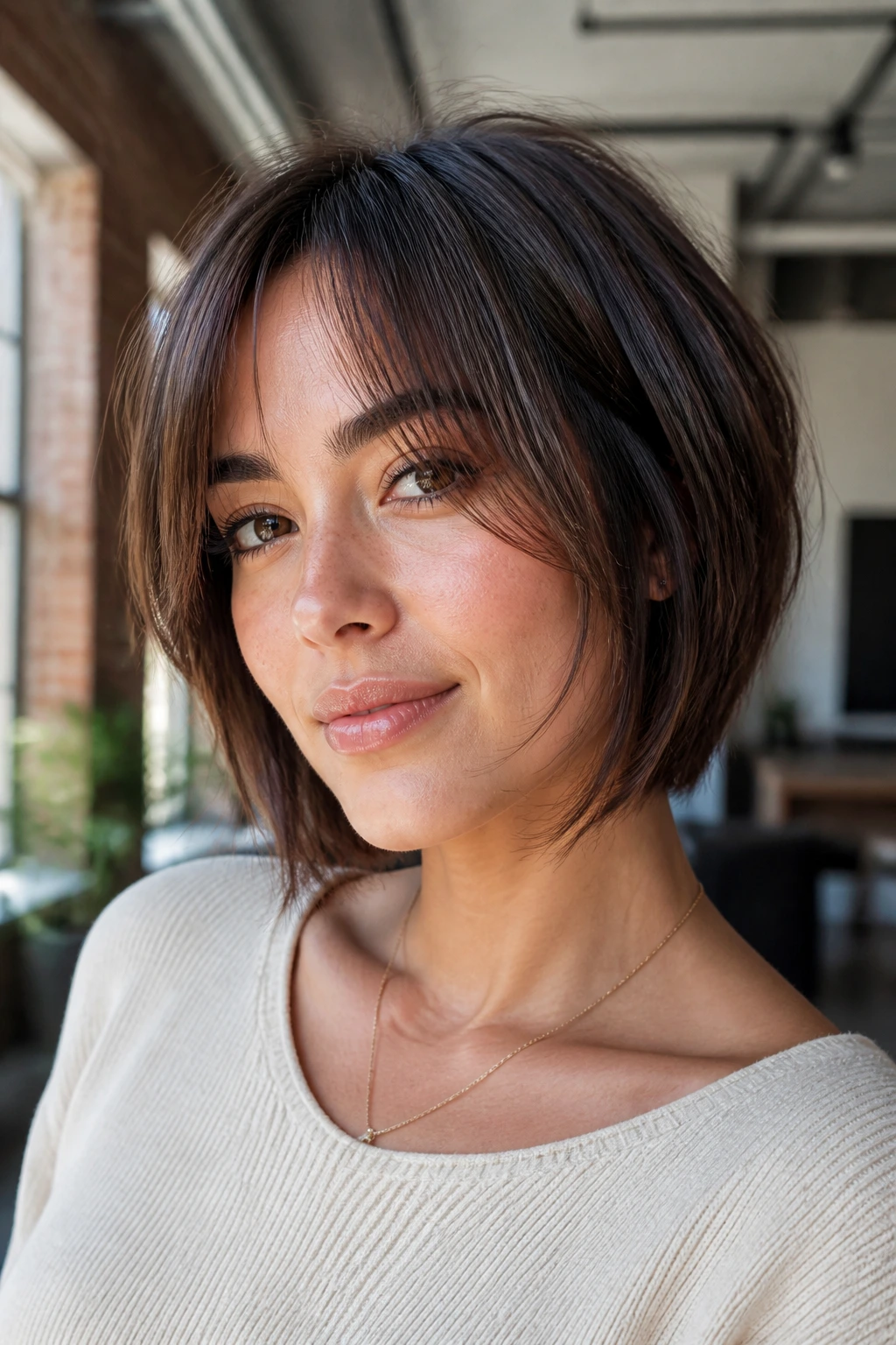Portrait of a real woman with graduated bob wispy edges.