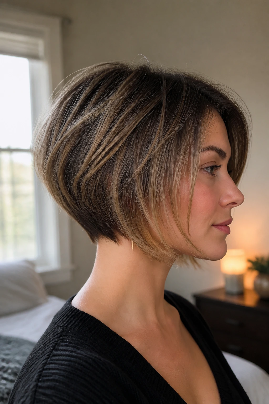 Close-up portrait of a real woman with a graduated choppy bob, stacked back and longer front.