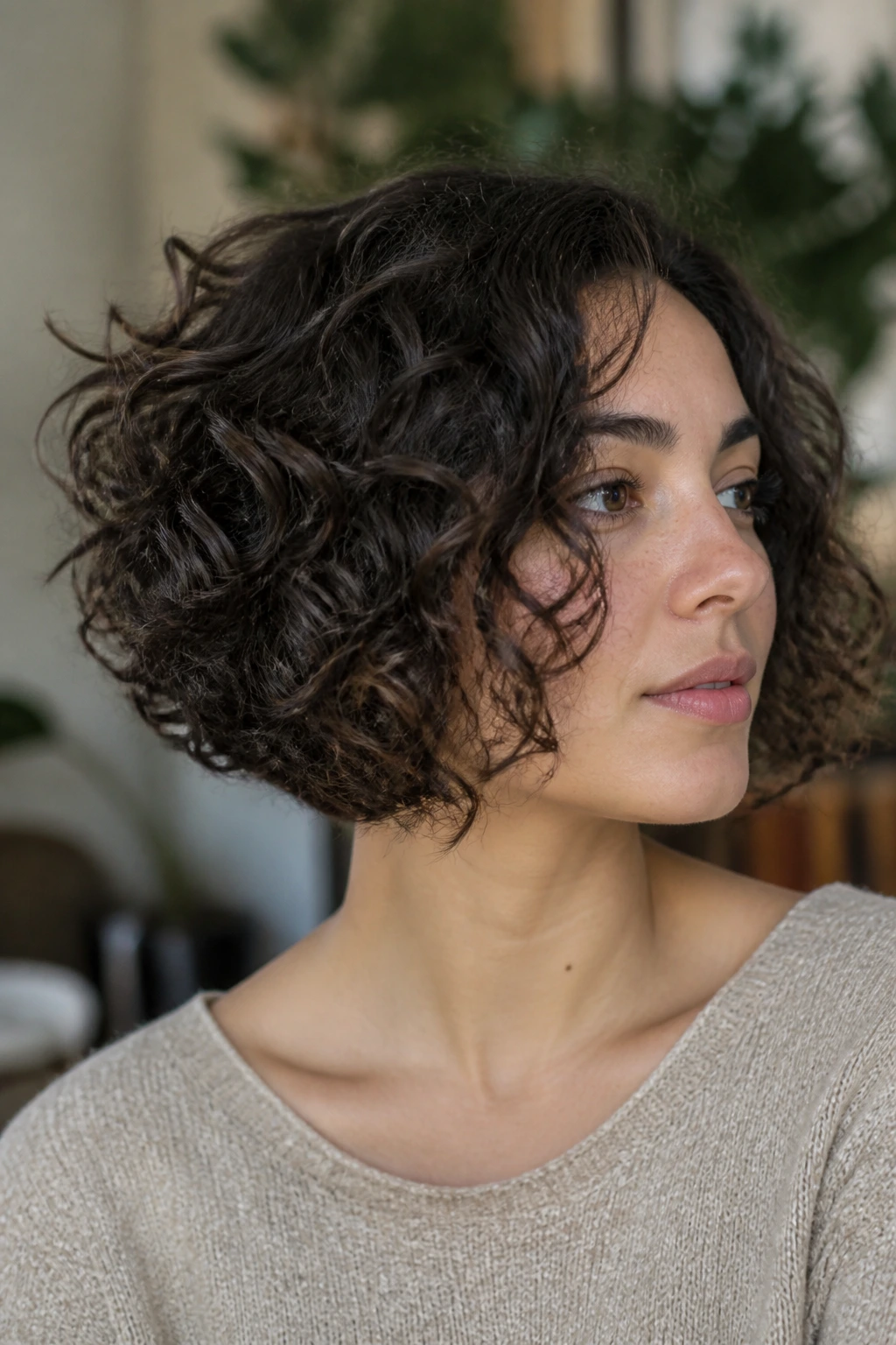 Real woman with back-shorter, front-longer graduated curly bob.