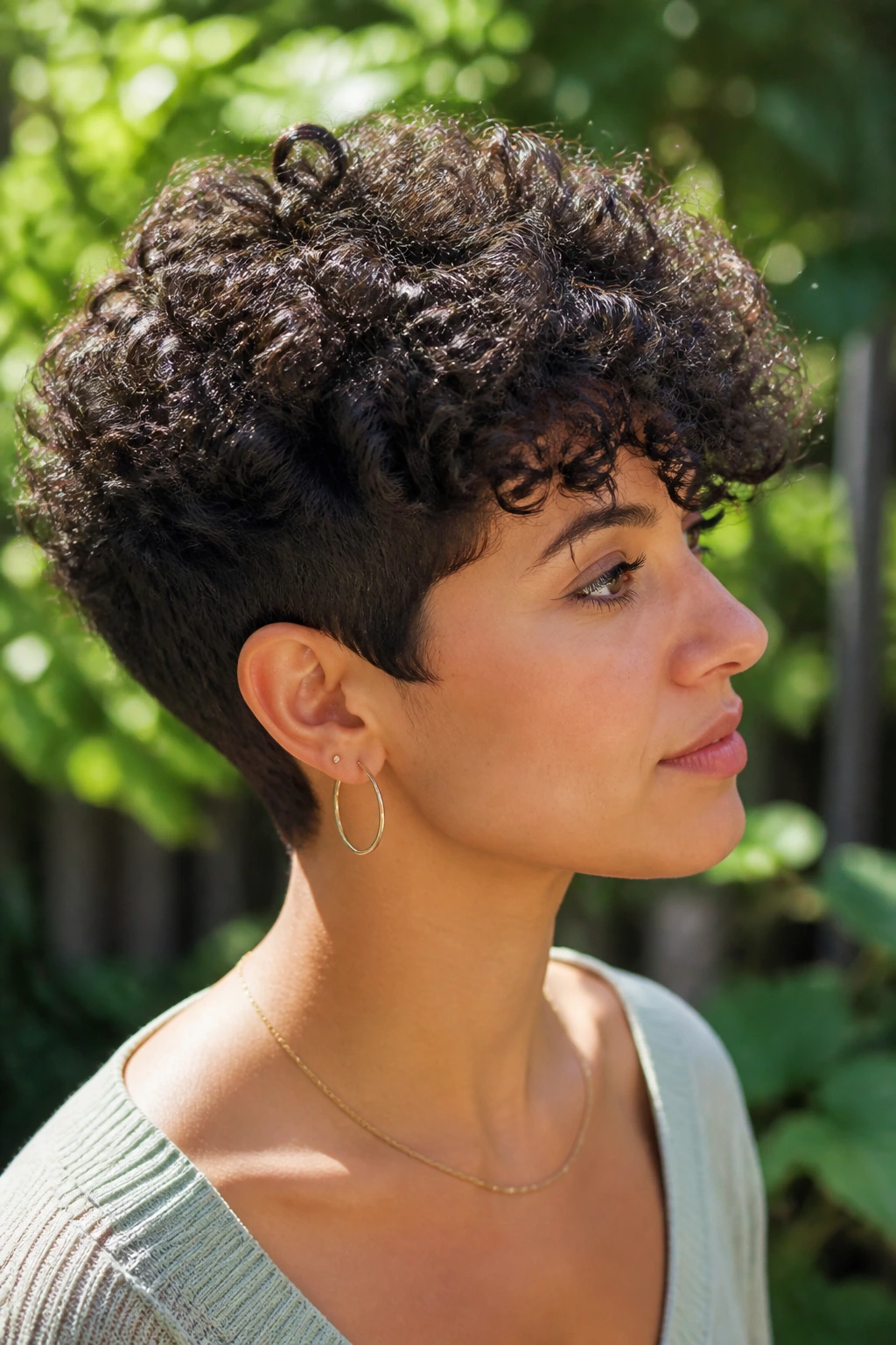 Portrait of a real person with a graduated curly crop hairstyle.
