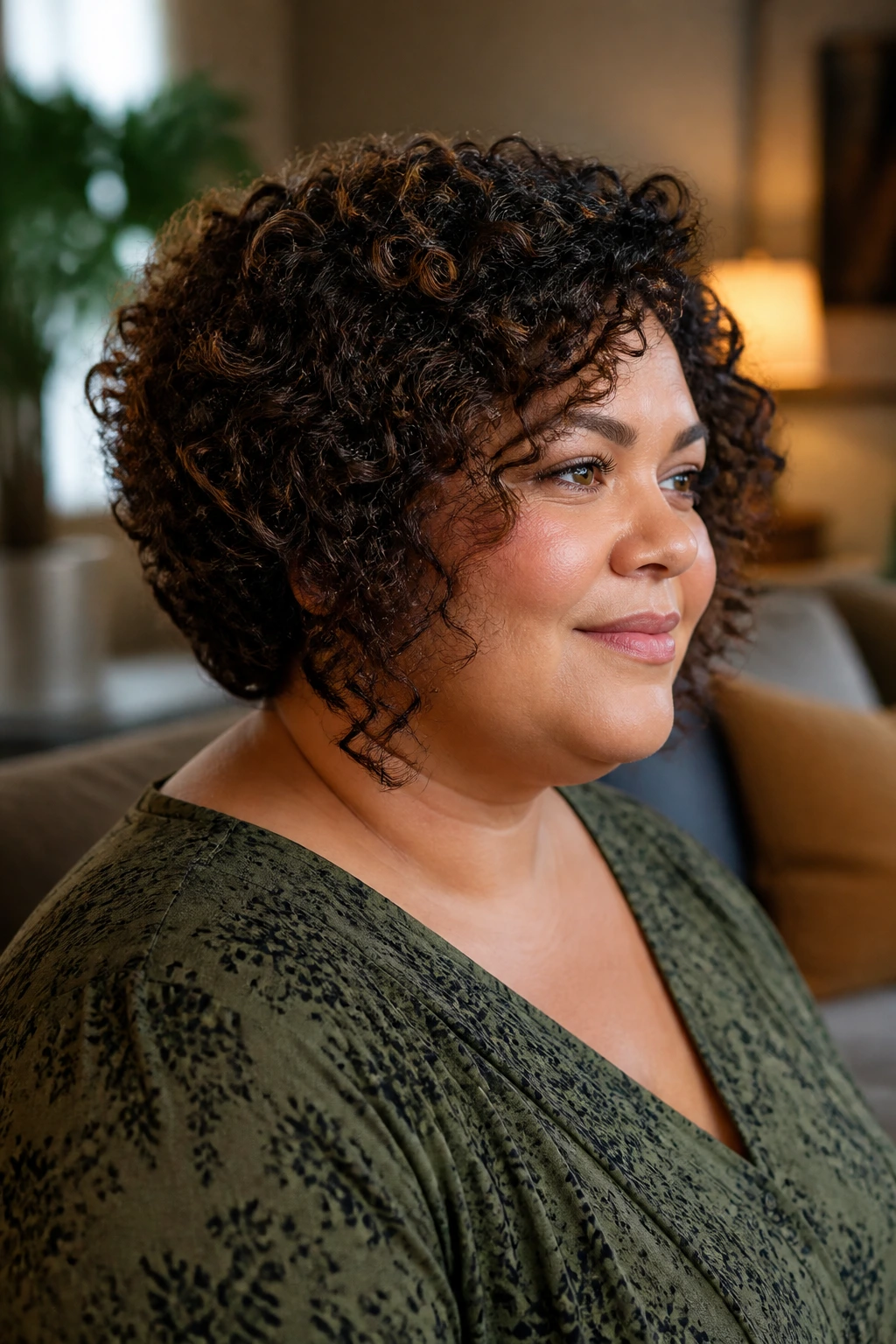 Medium close-up of a real woman with a graduated curly cut in a warm living room setting