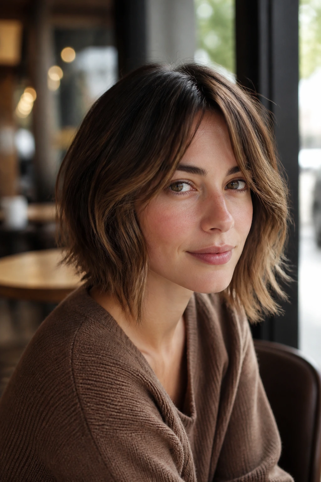 Portrait of a woman with graduated lob and hidden bangs